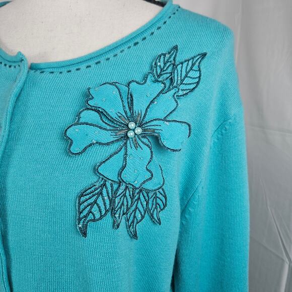 White Stag Cardigan Sweater Womens Large Teal Floral Button Front Knit Cottage - Picture 2 of 6